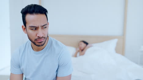 Angry-man,-thinking-or-couple-on-bed-with-stress