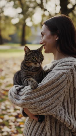 woman and her tabby cat enjoying an autumn day in the park