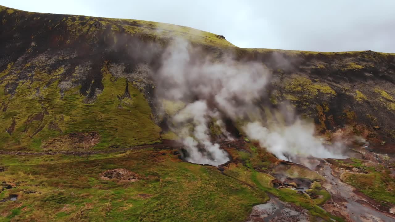 Aerial of steaming geothermal hot springs at Hverager&eth;i in Iceland