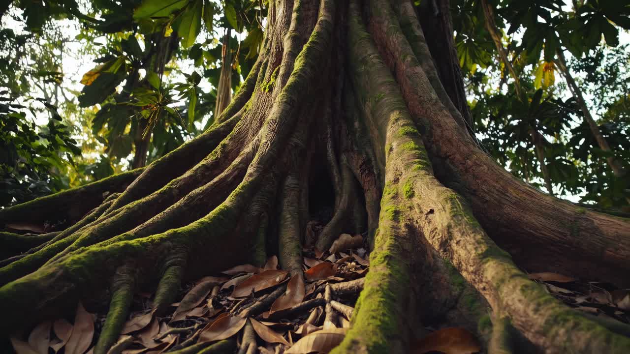 Low-angle view of a majestic rainforest tree with sprawling roots and lush foliage