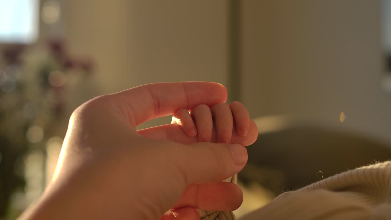 Mother Holds Tiny Hand of Newborn Baby - Close Up