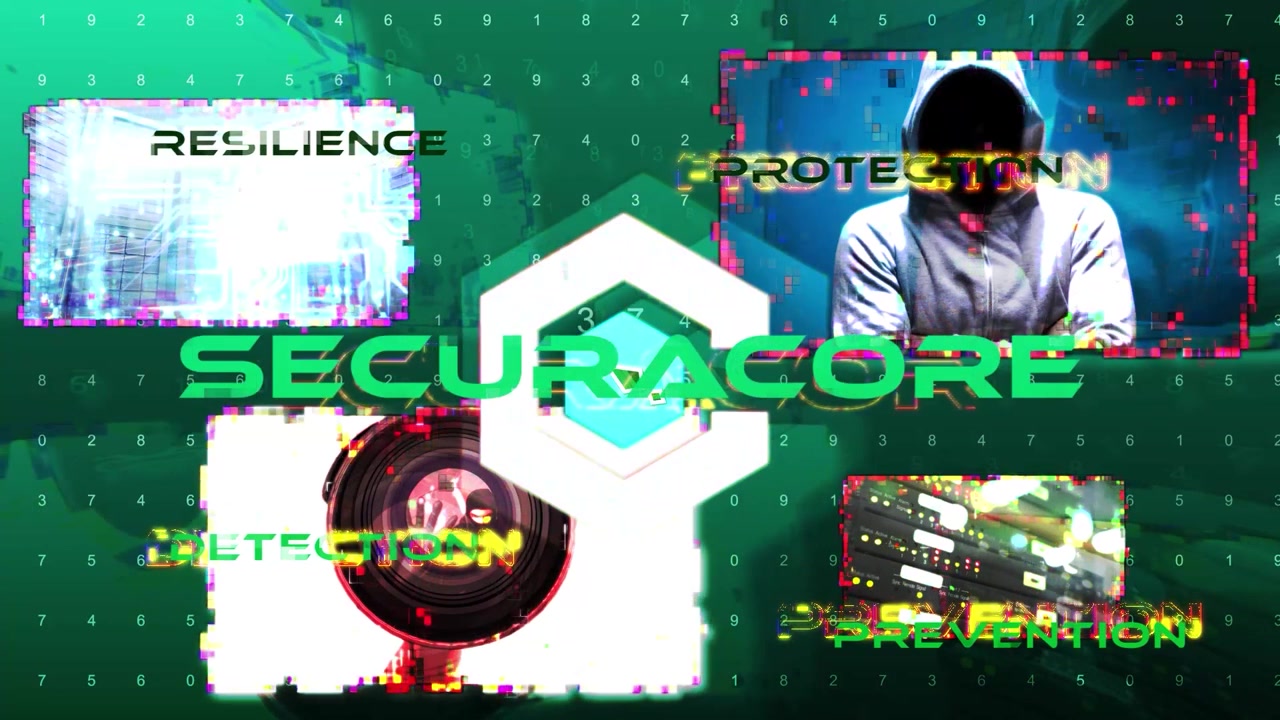Cybersecurity Concept with Glitch Effects and Digital Data Grid
