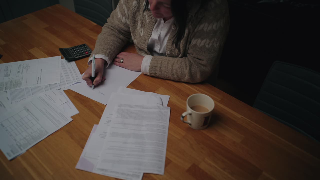 An overhead panning shot reveals a woman sorting financial paperwork, using a calculator, and taking notes at a wooden table. A binder, coffee cup, and scattered documents add realism.