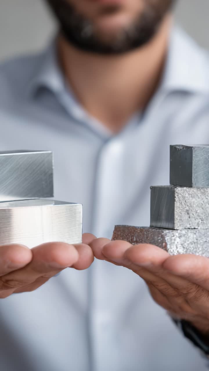Un hombre sujetando bloques metálicos con ambas manos, mostrando diferentes formas y materiales a la vez que enfatiza el contraste entre los elementos de plata y aluminio