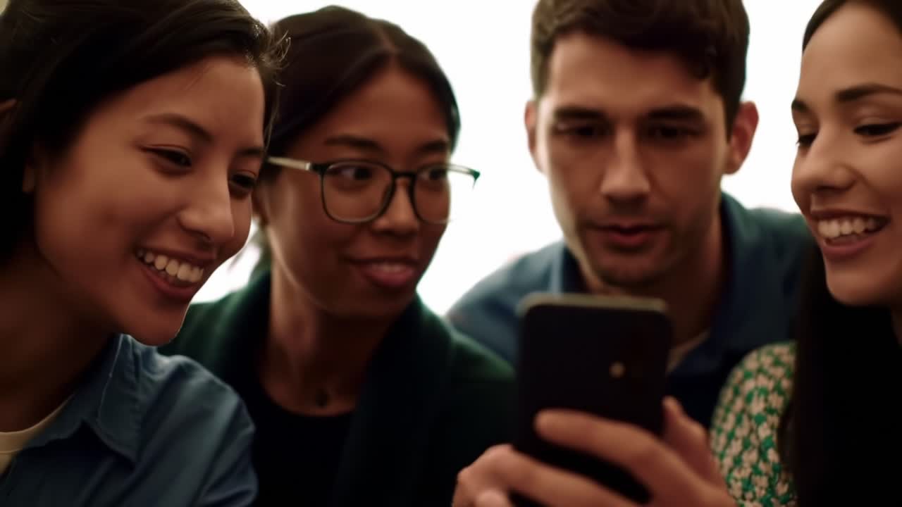 A Group of Friends Engaged in Conversation and Sharing Laughter While Observing a Smartphone Together, Showcasing Connections in Modern Interaction