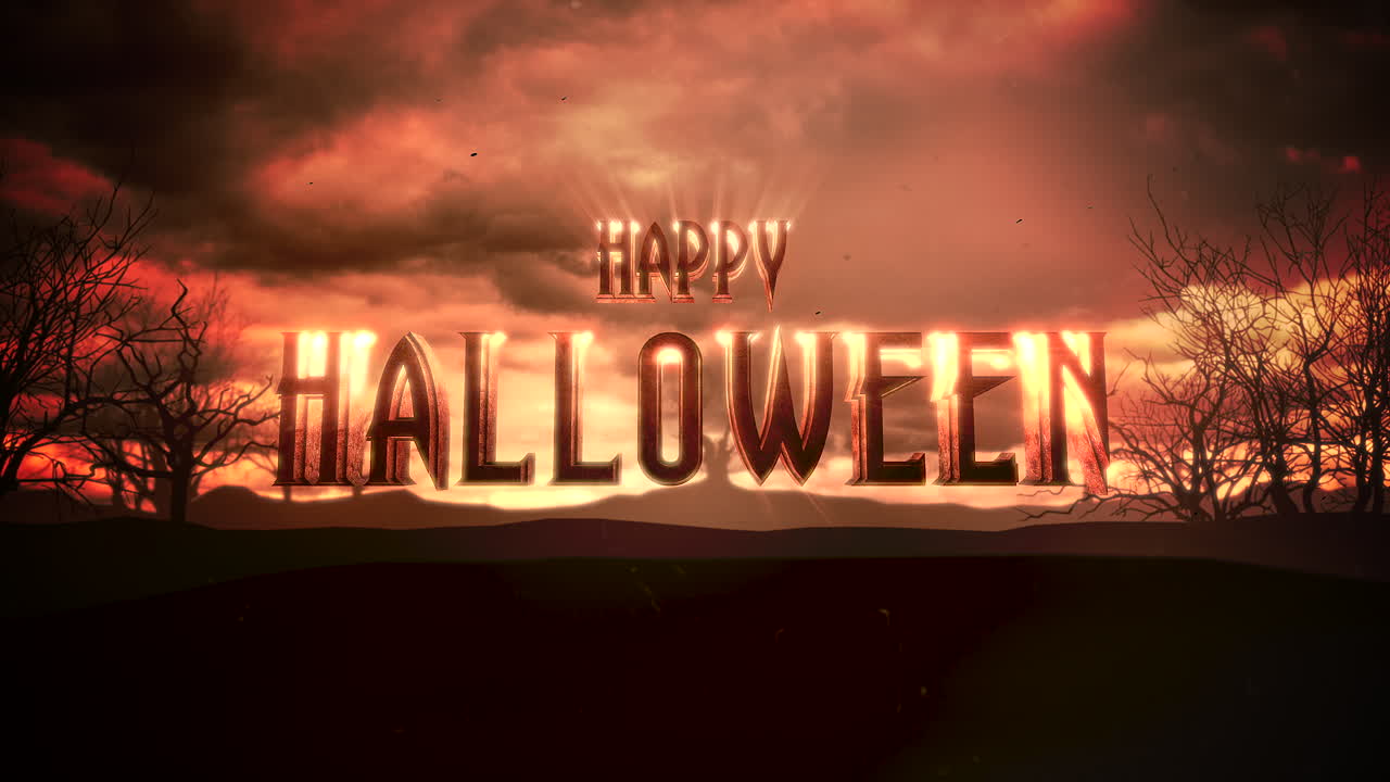 붉은 짙은 구름과 나무가 있는 묵시적인 풍경과 해피 할로윈