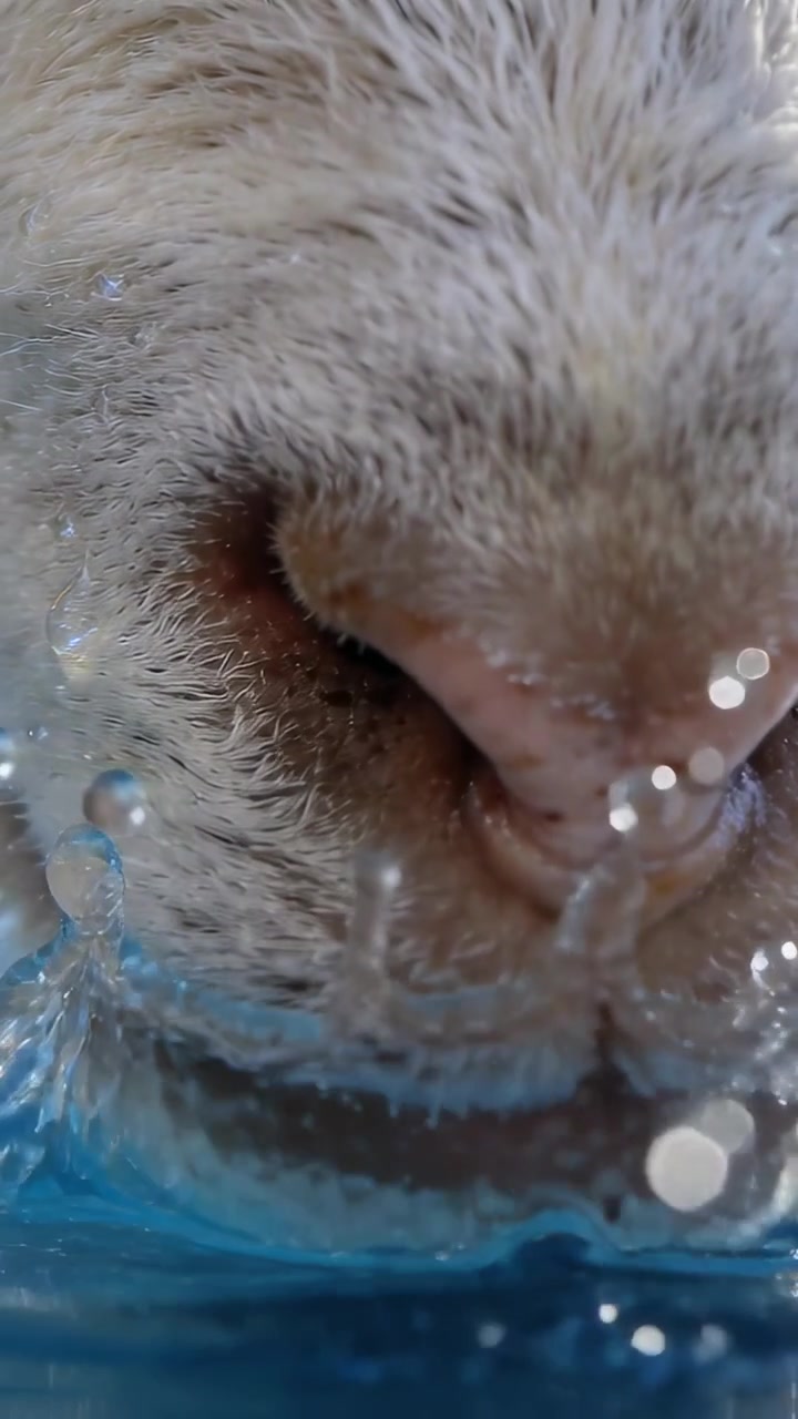 Vertical video: Lapping cat muzzle at bowl edge, water causing tongue forming droplets and splashes