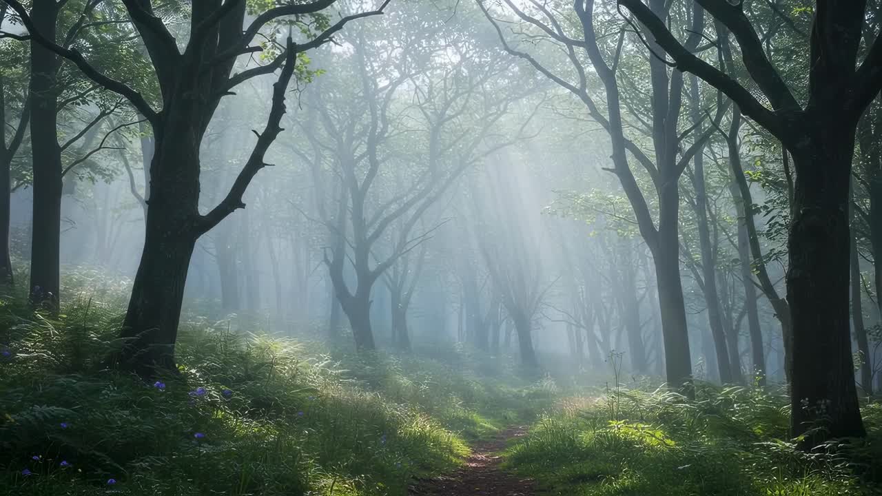 In the early hours of a misty morning, a tranquil forest glows softly as warm light filters gently through the towering trees