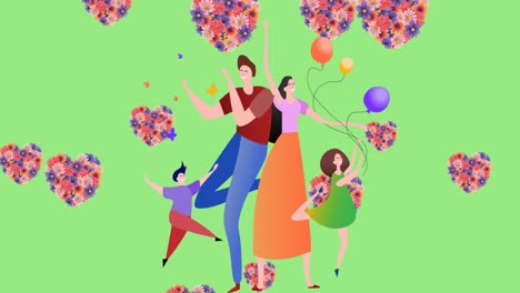 animation of illustration of happy family dancing with balloons and floral hearts, on green