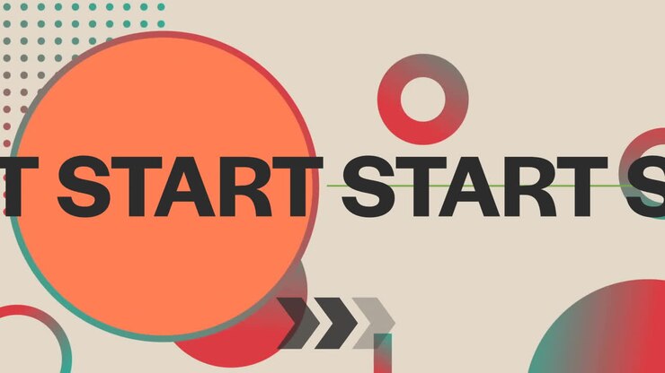 Geometriset muodot ja START-tekstianimaatio beigellä taustalla