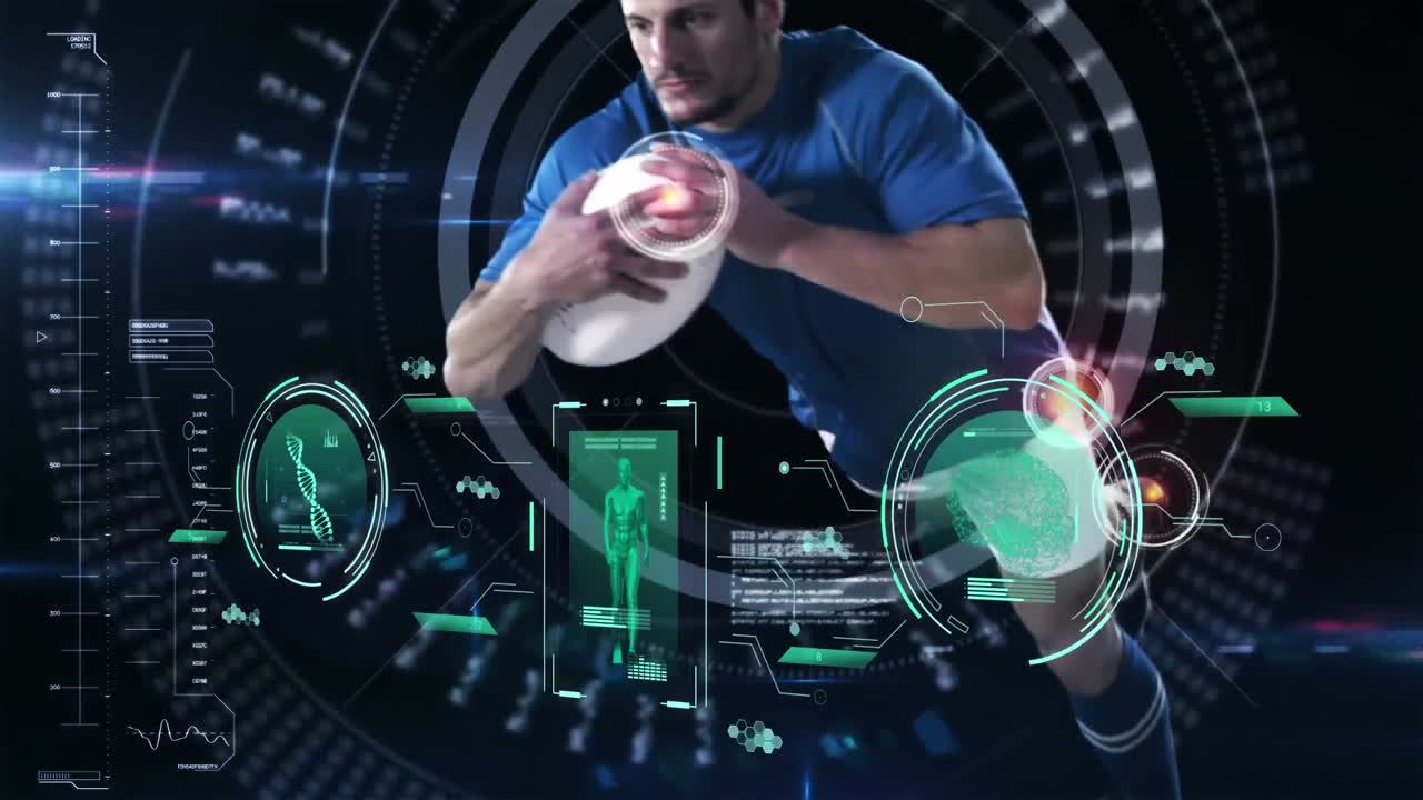 animación del procesamiento de datos sobre un jugador de rugby caucásico saltando con la pelota.