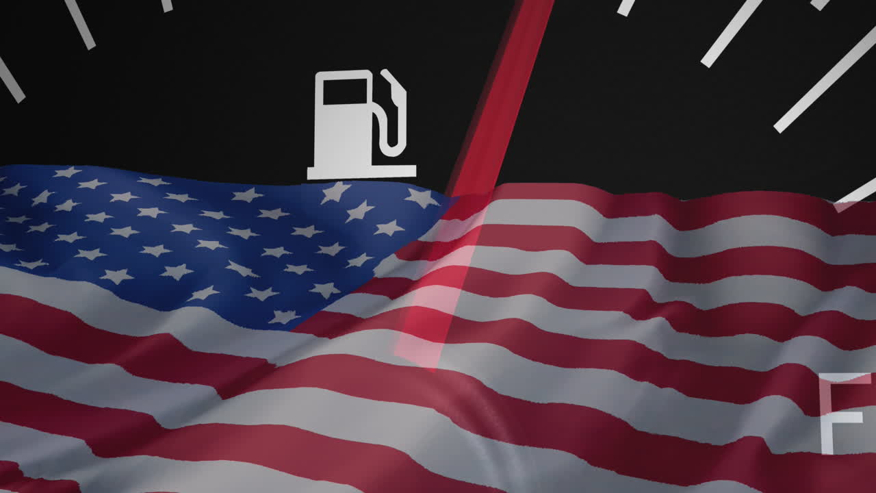 animación del medidor de gasolina y la bandera de los estados unidos de américa
