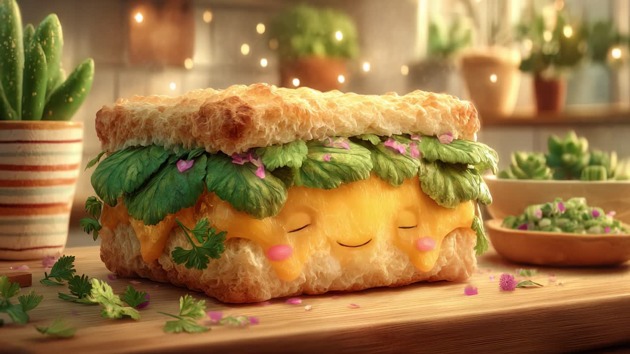 A Whimsical Sandwich Character: Delightful Smiling Cheesy Bread with Fresh Greens Exuding Joy in a Vibrant Kitchen Setting During a Sunny Day