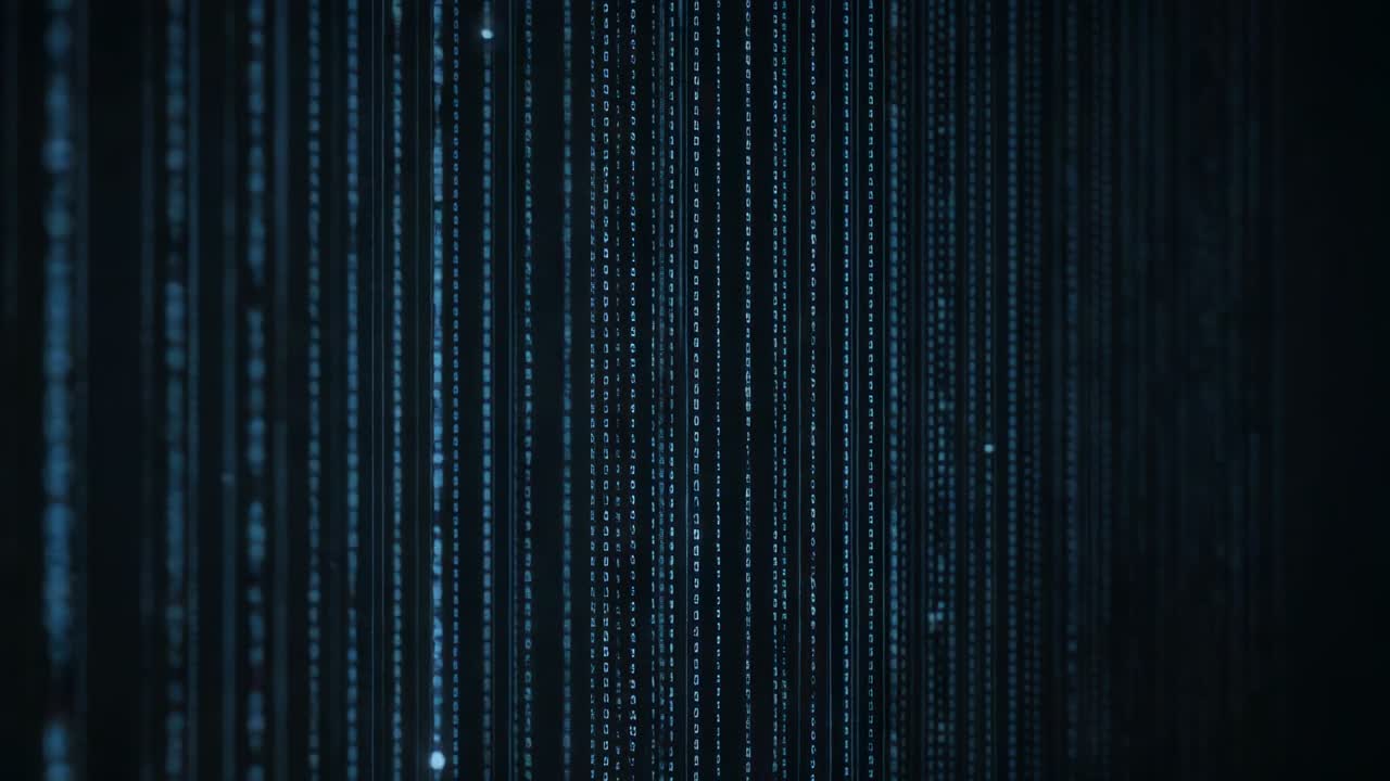 Starting with blue dots and dashes descending, cascading vertical code streams pulsing bits in void