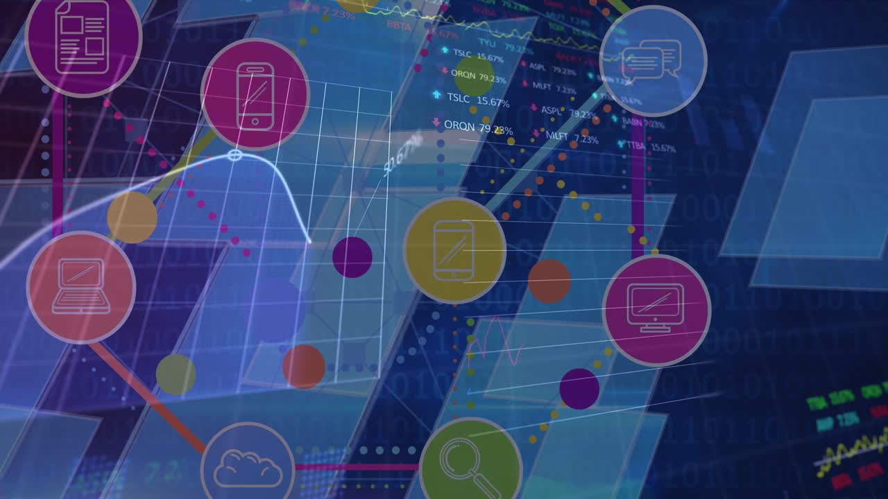 animación de la red de conexiones con iconos digitales y procesamiento de datos