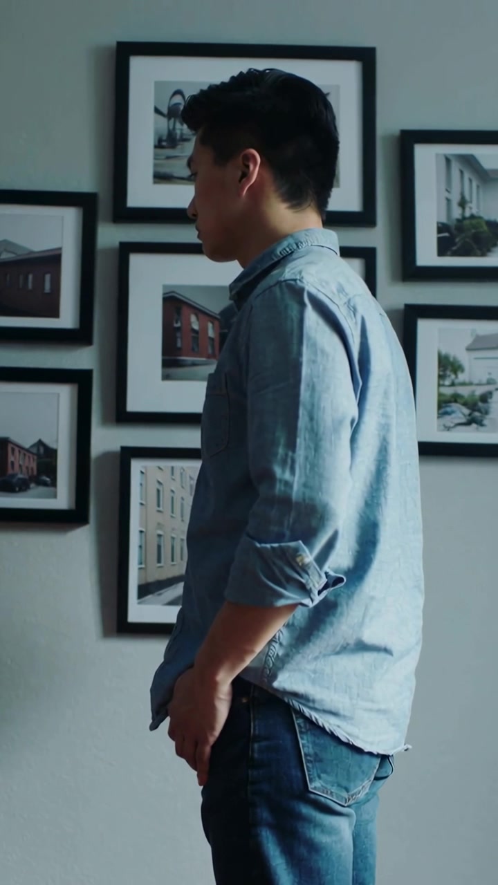 Video verticale: Guardando le foto, uomo in abbigliamento di jeans che si muove mentre osserva la parete vicino a una sedia color verde acqua.