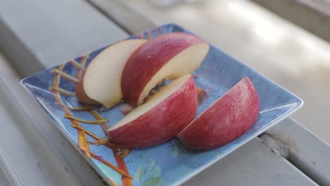 grupo de manzanas cortadas en un colorido plato decorativo en una ventana