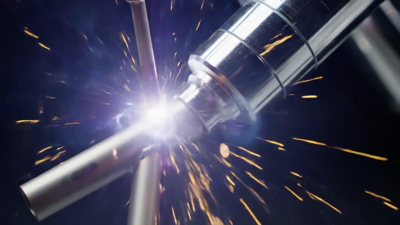 Dynamic Close-Up of Metal Welding Process Highlighting Spark and Heat during Fabrication: Capturing the Precision of Industrial Engineering in Action