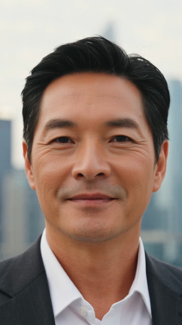 Smiling Asian man in a suit with city background