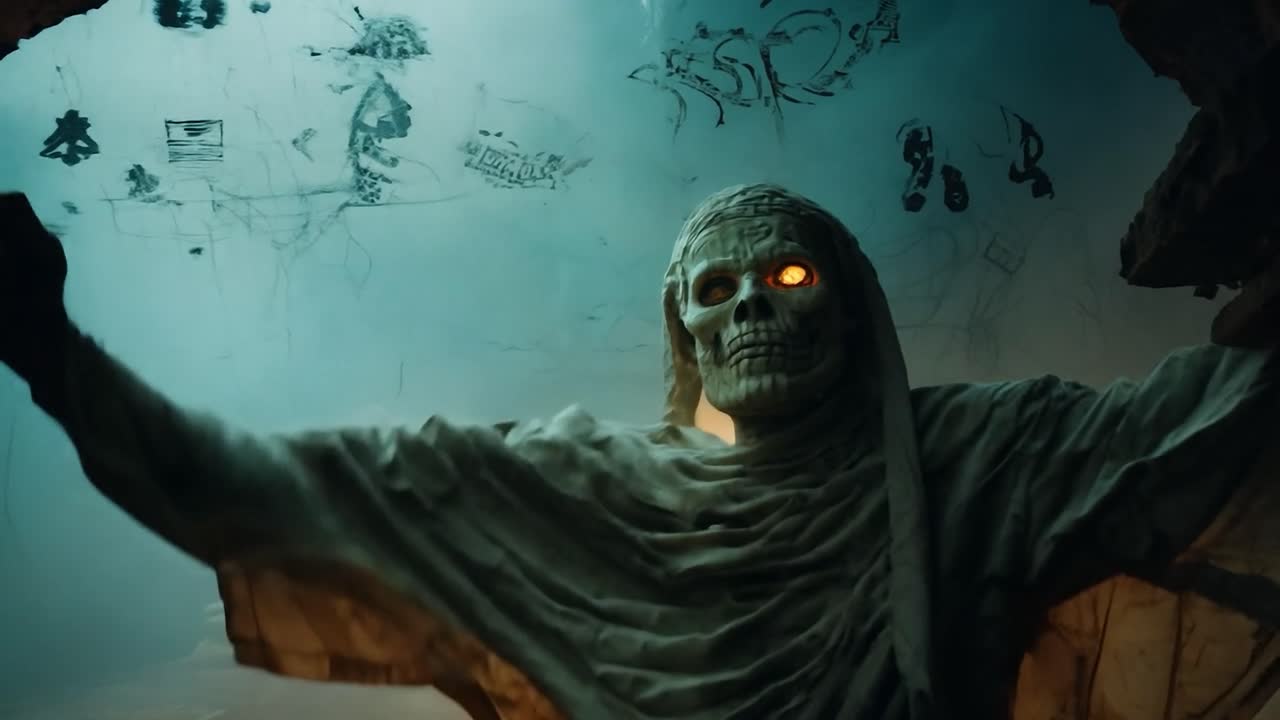 una figura de esqueleto fantasmal con ojos brillantes se encuentra en un entorno oscuro y brumoso. la criatura está vestida con un paño blanco y se parece a un fantasma. es una escena aterradora y misteriosa.