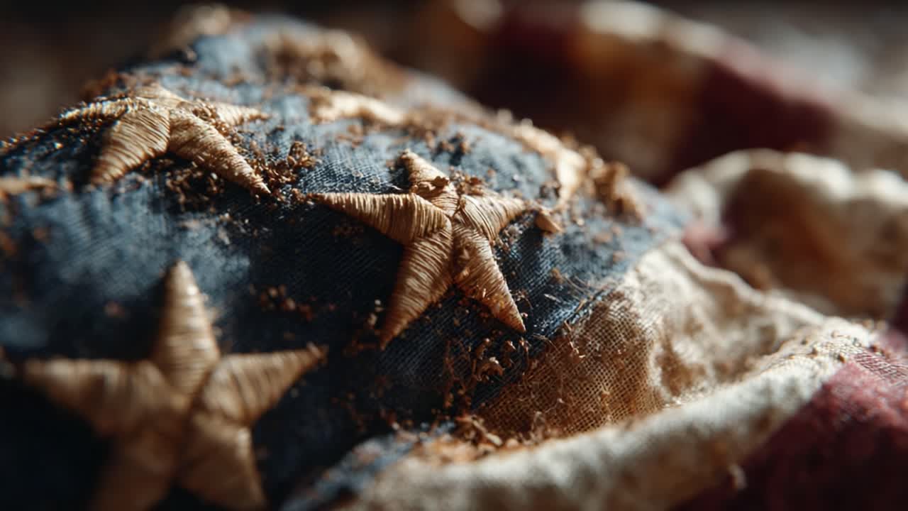 Close-Up of a Weathered Fabric Flag with Distressed Stars and Stripes, Highlighting Textures and Details of Historical Significance