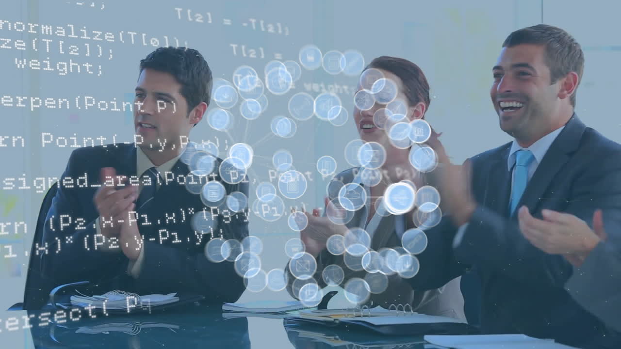 미디어 아이콘의 애니메이션과 다양한 동료들이 회의에서 박수를 치는 데이터 처리