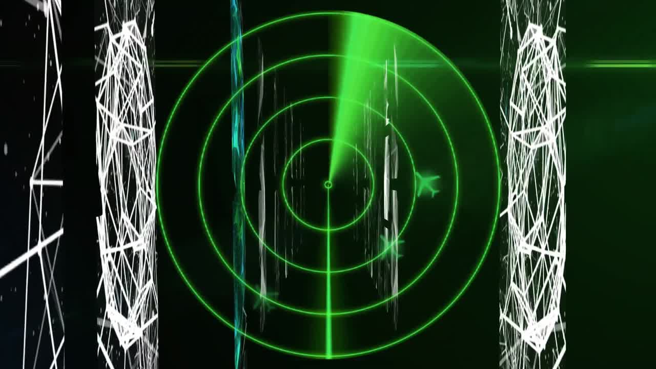 Scope scanning over airplane icons against screen of network of connections