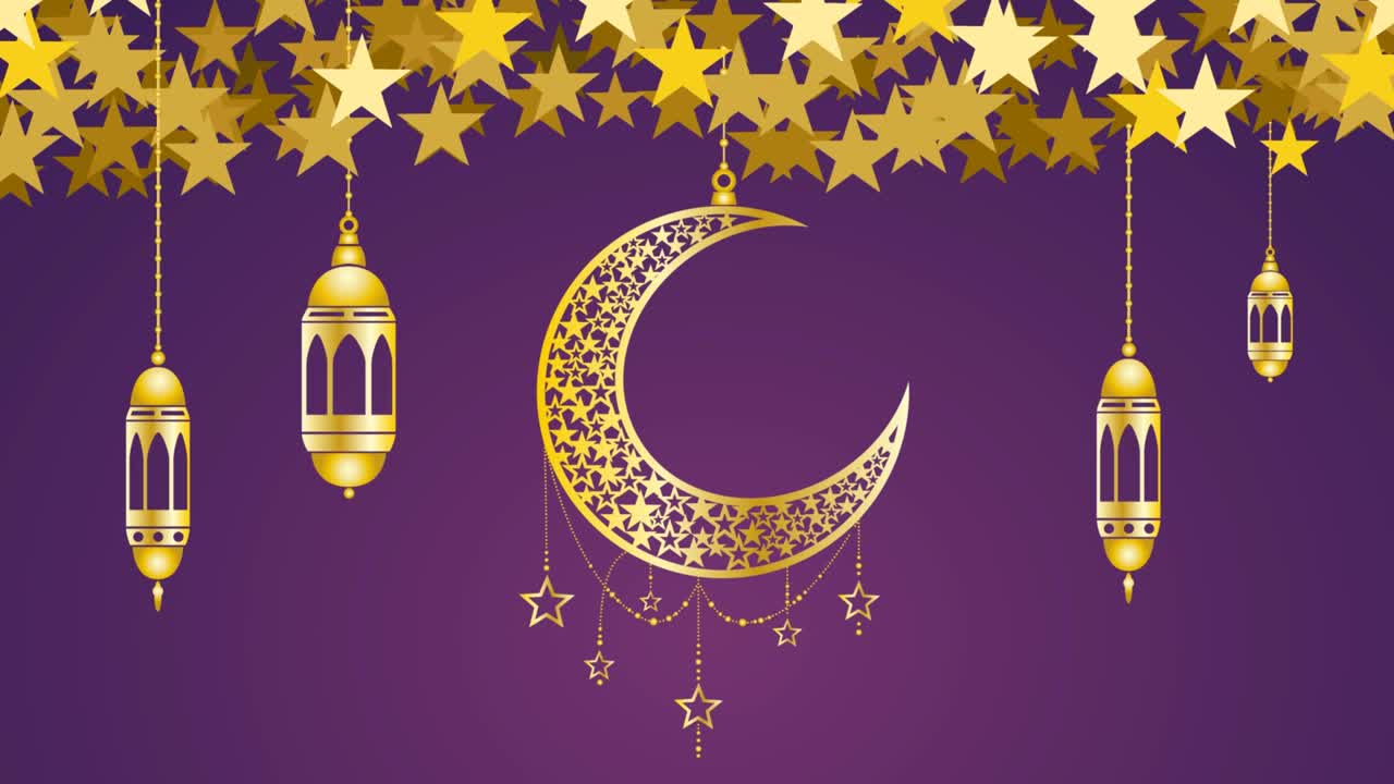 Background for Ramadan Kareem with hanging candle lanterns and moon. Animated illustration with stars on purple