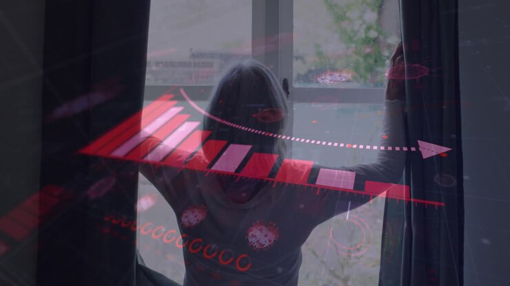 Animation of covid 19 statistics over woman wearing face mask