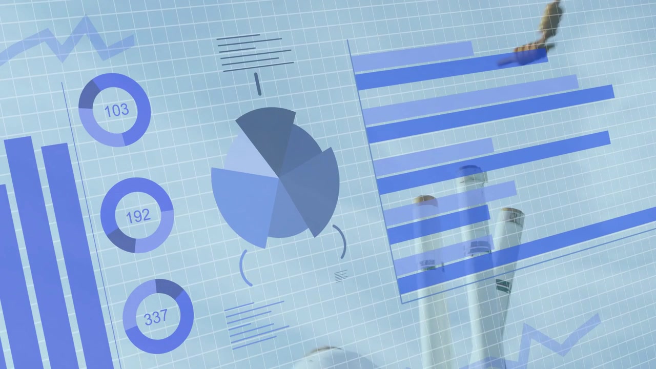Male presenter grasping rolled charts and touching blue grid, animating pie chart and updating data