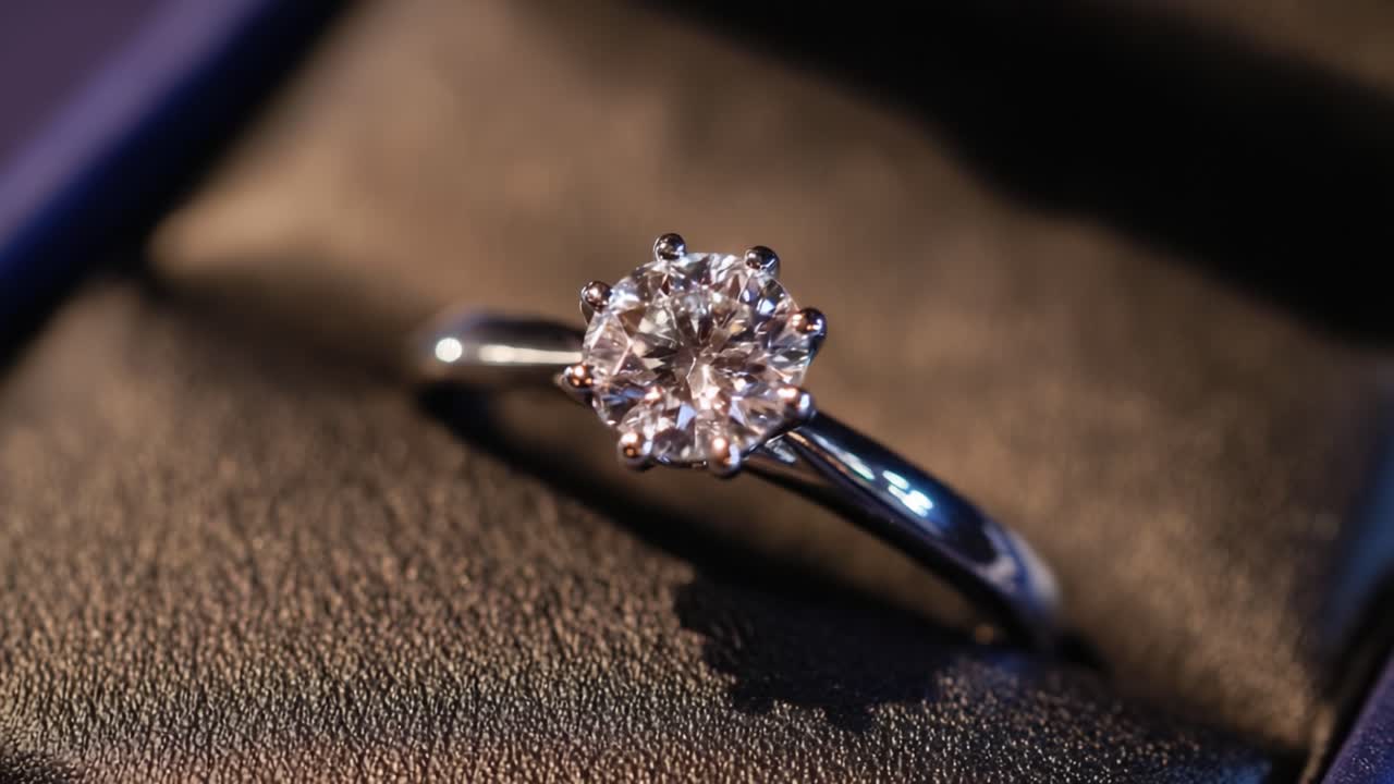 Un anello di diamante squisito brilla elegantemente su uno sfondo lussuoso, mettendo in risalto il suo taglio brillante e la sua lucentezza radiosa, perfetto per simboleggiare amore e impegno.