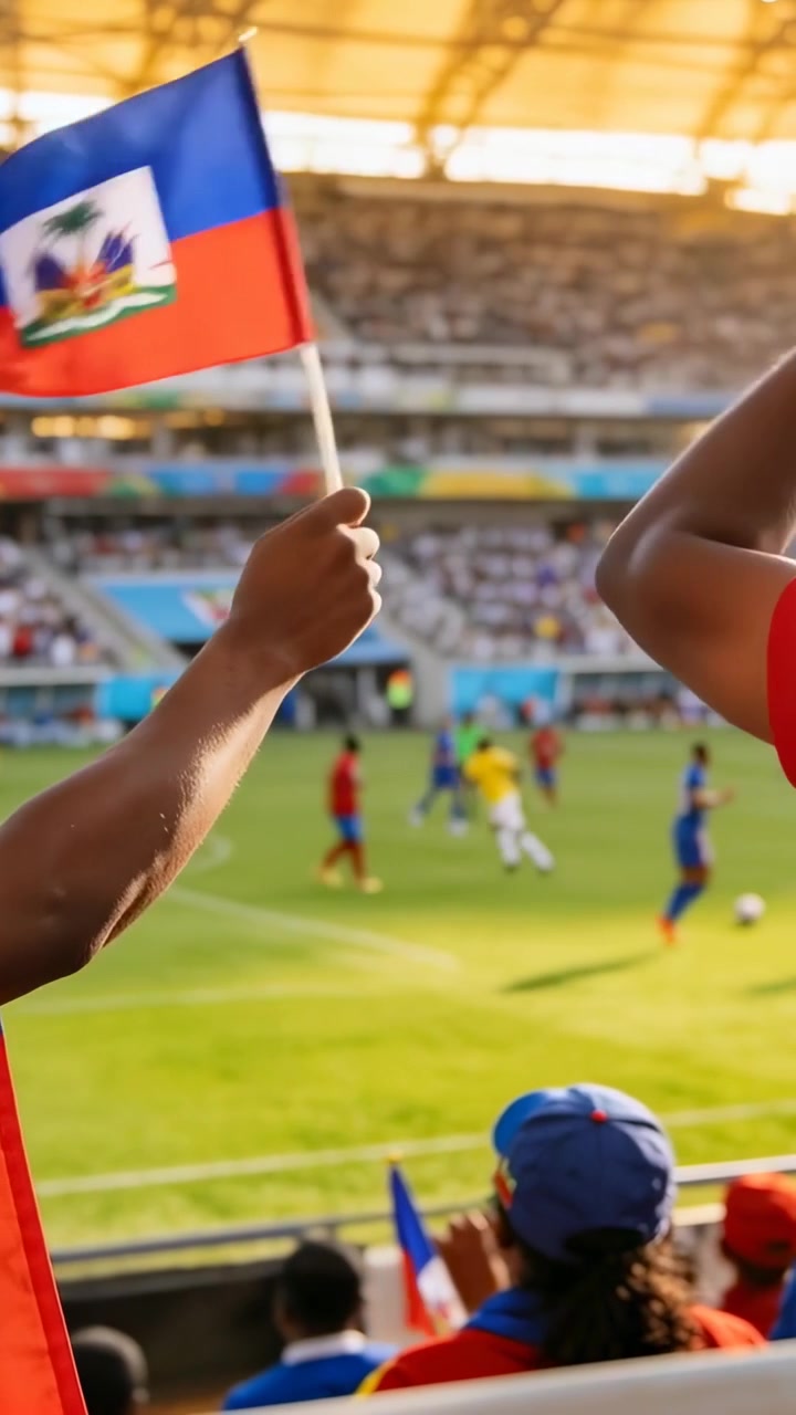 Video vertical: Aficionado ondeando la bandera haitiana en el estadio mientras los jugadores corren, animando al equipo.