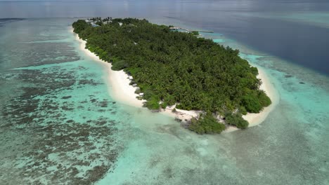 aerial drone video flying backwards to reveal the local island of thinadhoo in the maldives