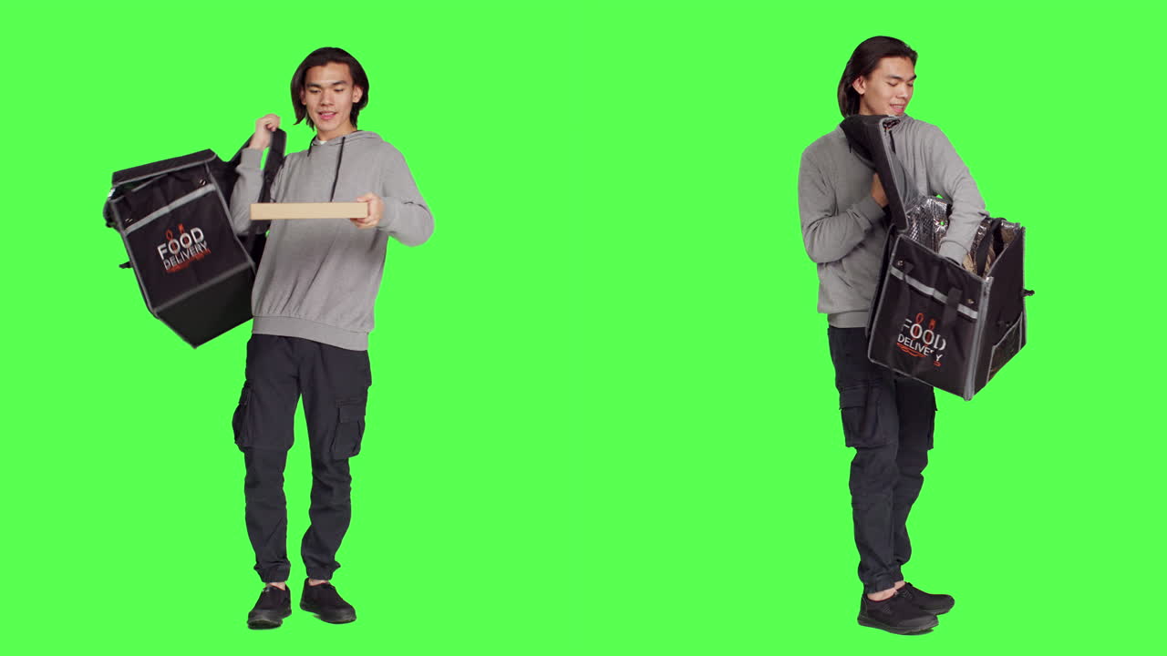 아시아인 남자가 고객에게 음식을 배달합니다.