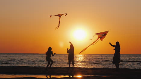 a young family actively spends time together - they play kites