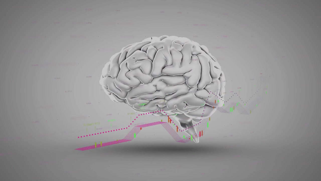 Rotating brain showing data on gray, magenta traces and green red markers appearing to show trends