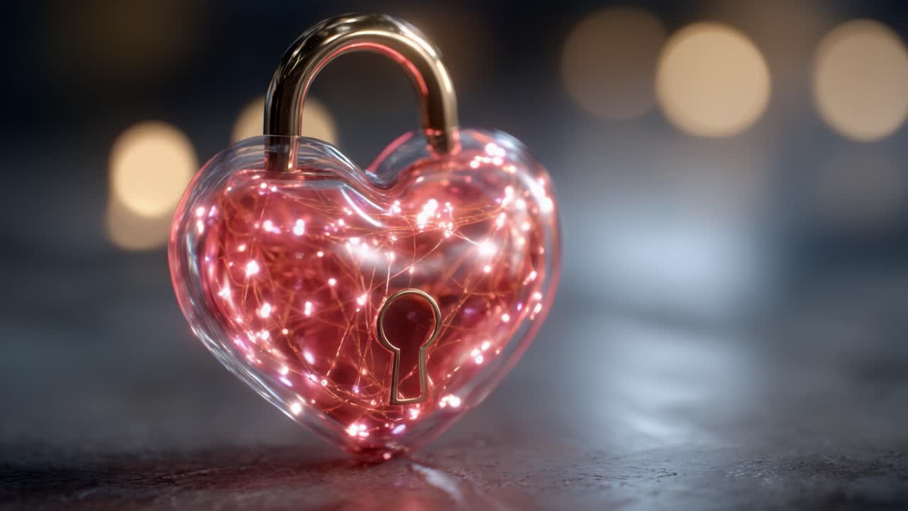 A beautifully crafted heart-shaped lock glows with shimmering lights, symbolizing love, security, and the secrets held within, evoking a sense of mystery and wonder