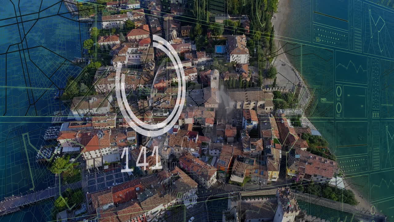 animación del procesamiento de datos financieros sobre el paisaje urbano