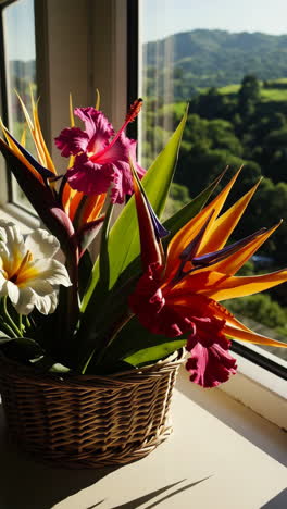 colorful tropical flowers in a basket at the window