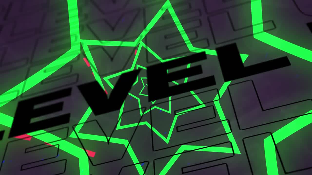 회색 배경의 레벨 업 텍스트에 대해 회전하는 네온 녹색 별 모양의 디지털 애니메이션