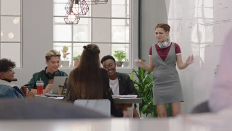 young business people celebrating mixed race team leader woman dancing funny enjoying victory dance happy students celebrate successful teamwork in silly office party presentation