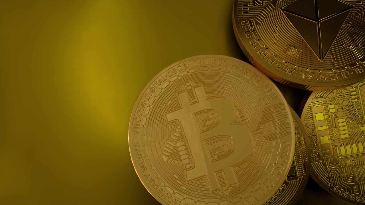 Bitcoin Btc Coin And Ethereum Eth Coins With Gold Background. Digital Crypto Coin And Cryptocurrency. Concept Of Exchange Market And Online Trading