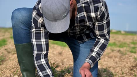 manos masculinas tocando el suelo en el campo. mano experta del agricultor comprobando la salud del suelo antes del crecimiento una semilla de semilla de verdura o planta. concepto de negocio o ecología. imágenes de alta calidad 4k
