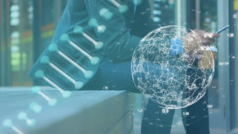 animación de procesamiento de datos y cadena de adn en todo el mundo y empresario caucásico