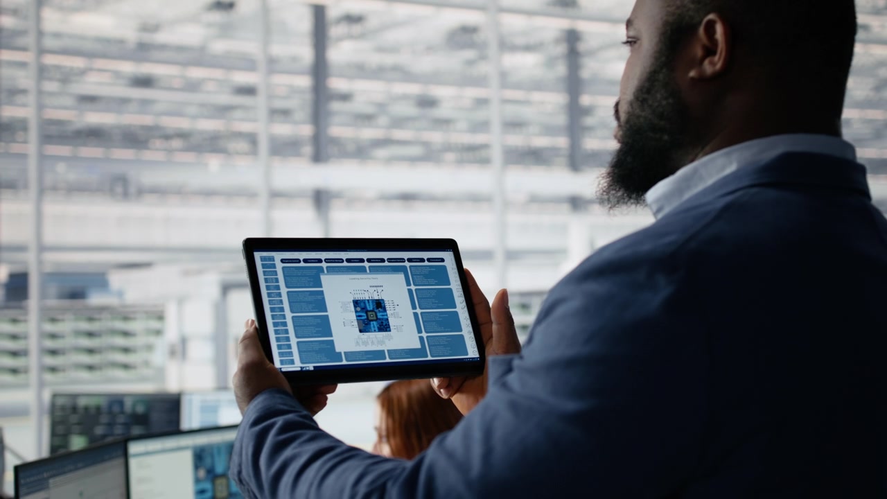 African American Man Analyzing Data on Tablet in Modern Tech Office