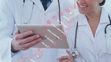 Animation-of-dna-strand-spinning-over-doctors-using-tablet