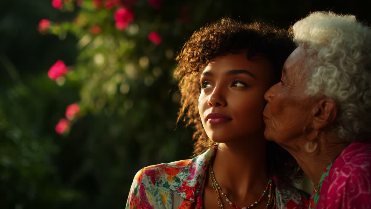 A Heartfelt Moment Between Generations: A Young Woman and Her Elderly Relative Share a Tender Kiss on the Cheek Amidst a Beautiful Garden of Flowers, Symbolizing Love and Family Bonds