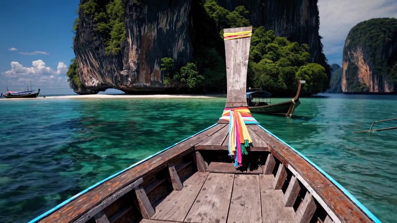 Tradizionali barche longtail thailandesi ancorate in acque tropicali limpide