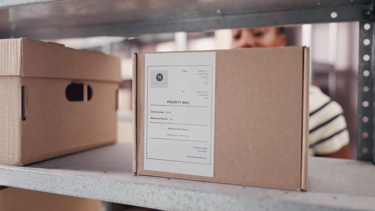 Nærbillede af hånd, der placerer en Priority Mail papkasse på en lagerhylde