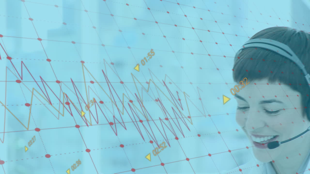 행복한 백인 여성 컨설턴트에 대한 그래프와 숫자의 애니메이션